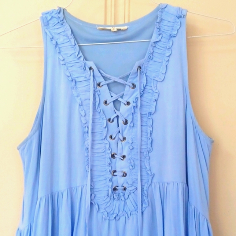 Anthropologie Entro💎 Periwinkle Blue Front laced Rayon Loose Fit Lined Dress WS
